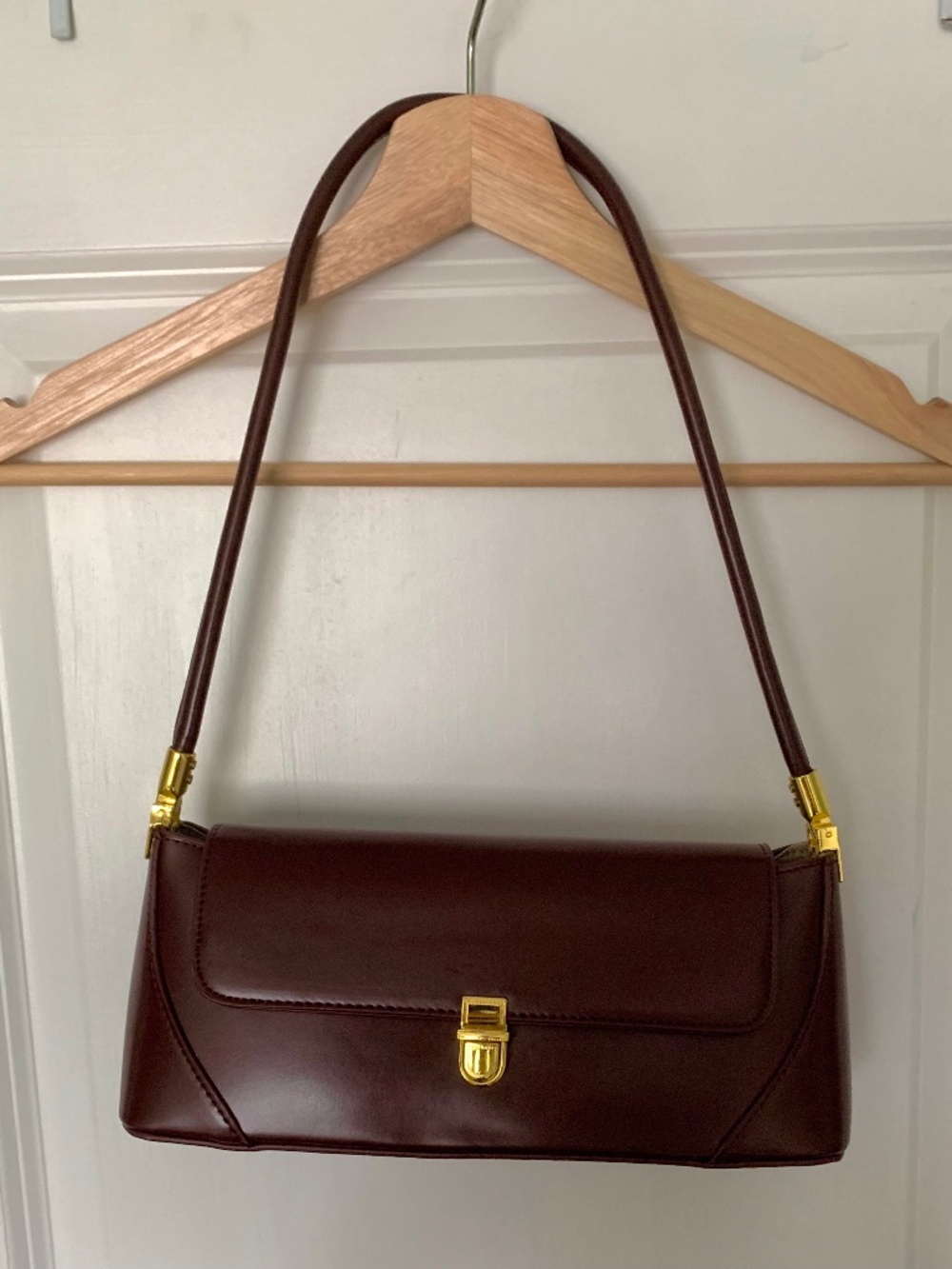 Burgundy brown shoulder bag purse handbag vegan leather gold hardware